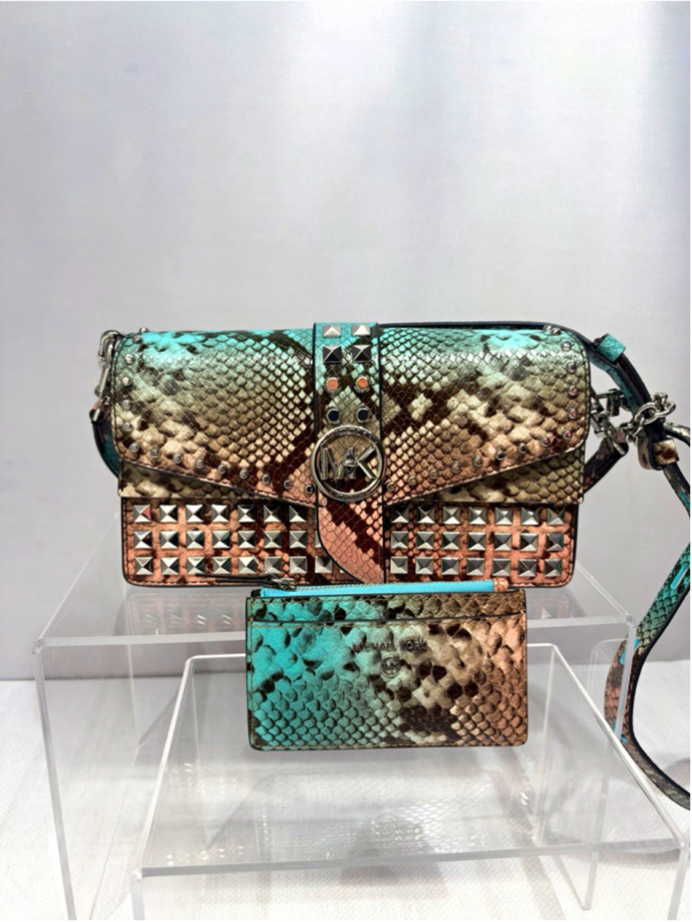 Michael Kors Greenwich Snake Embossed Studded Crossbody & Card Case Ocean Multi